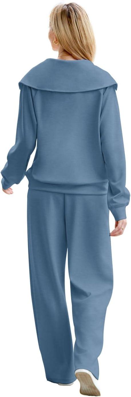 imageXIEERDUO Lounge Sets For Women 2025 Half Zip Sweatshirt And Wide Leg Sweatpant 2 Piece Outfits Sweatsuit Tracksuit05haze Blue