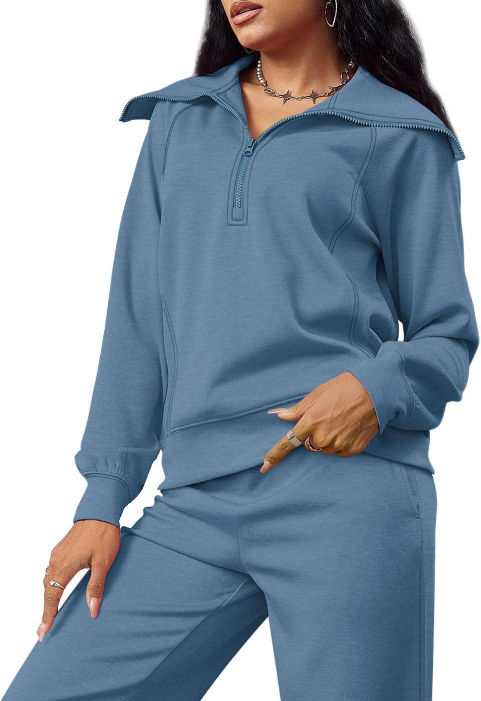 imageXIEERDUO Lounge Sets For Women 2025 Half Zip Sweatshirt And Wide Leg Sweatpant 2 Piece Outfits Sweatsuit Tracksuit05haze Blue