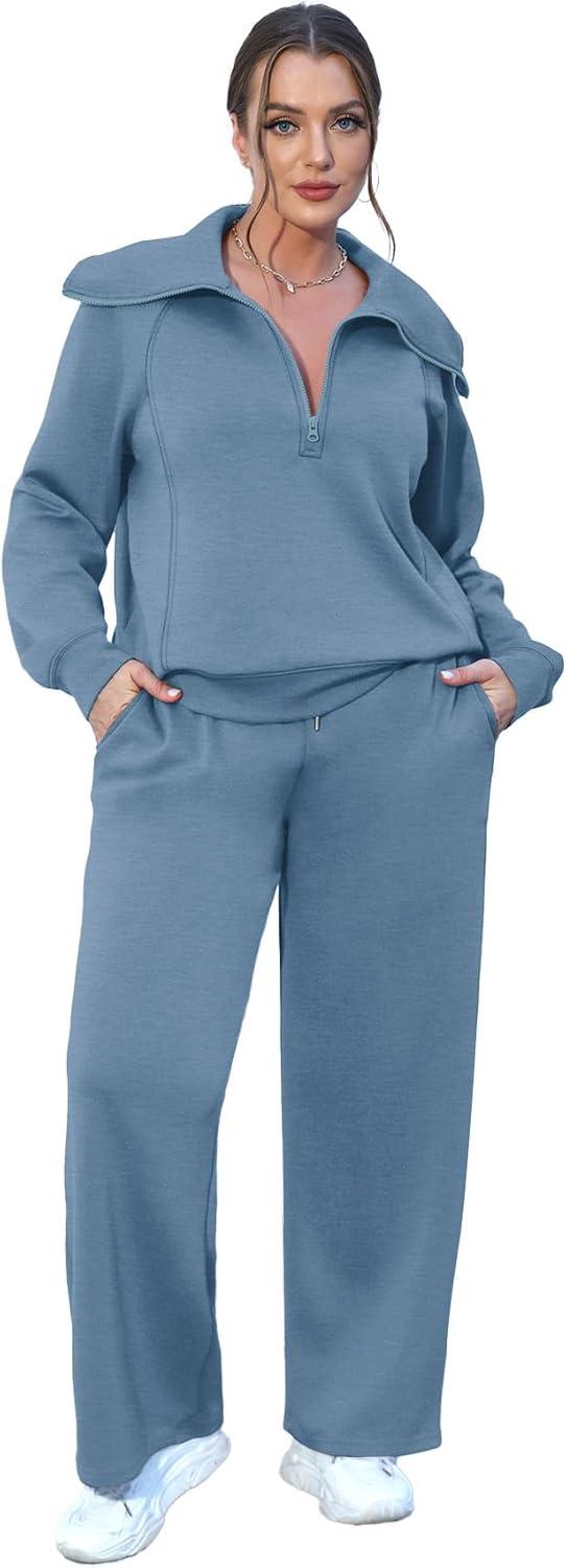 imageXIEERDUO Lounge Sets For Women 2025 Half Zip Sweatshirt And Wide Leg Sweatpant 2 Piece Outfits Sweatsuit Tracksuit05haze Blue