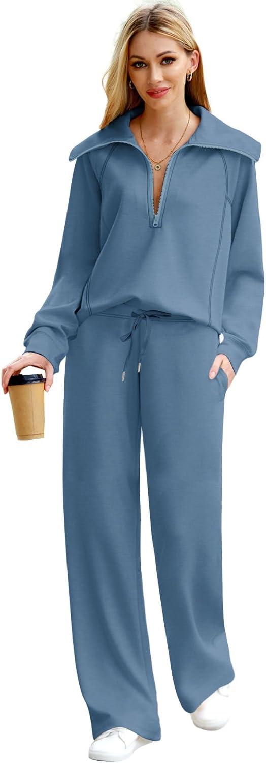 imageXIEERDUO Lounge Sets For Women 2025 Half Zip Sweatshirt And Wide Leg Sweatpant 2 Piece Outfits Sweatsuit Tracksuit05haze Blue