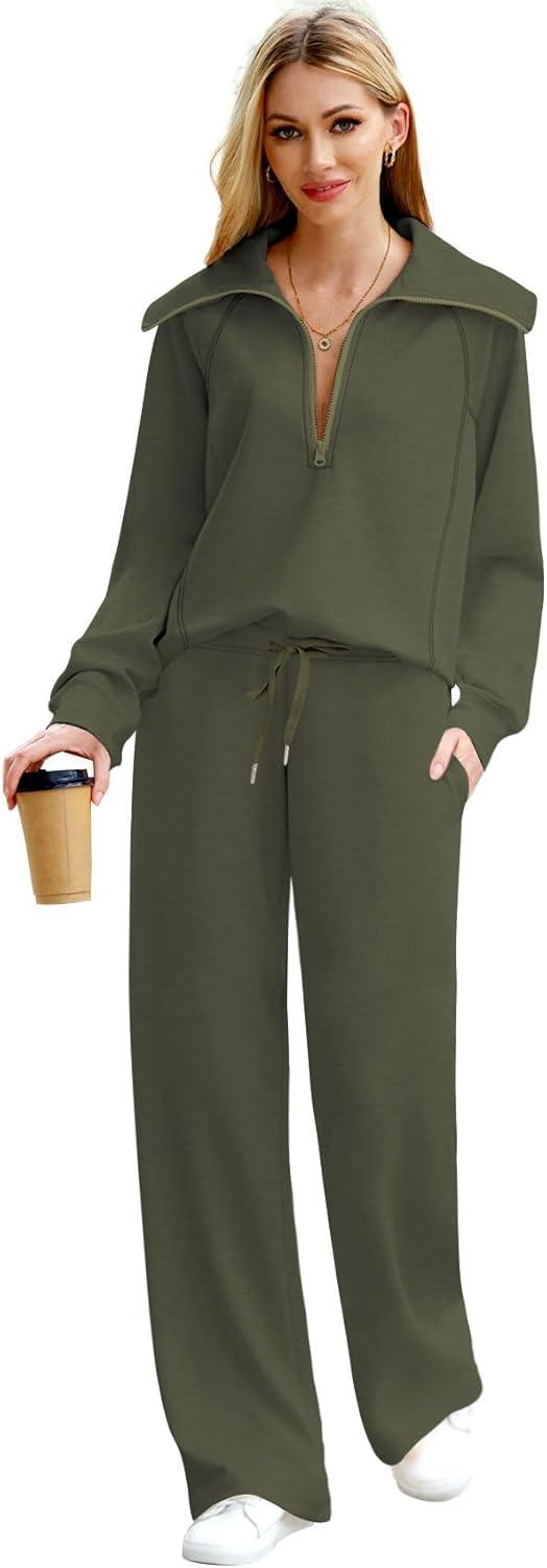 imageXIEERDUO Lounge Sets For Women 2025 Half Zip Sweatshirt And Wide Leg Sweatpant 2 Piece Outfits Sweatsuit Tracksuit07dark Green