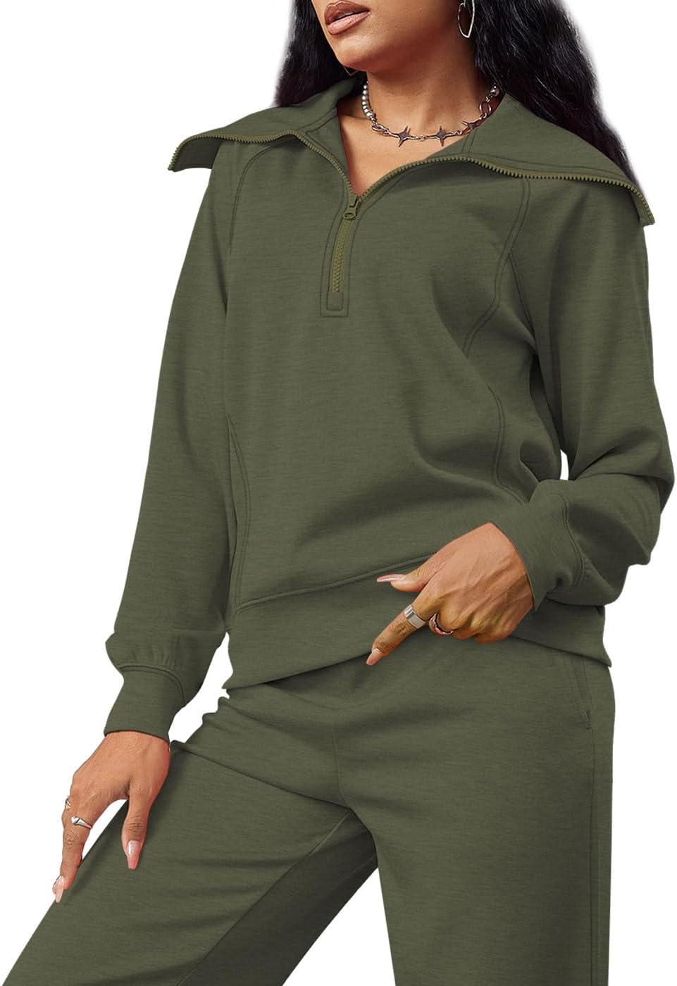 imageXIEERDUO Lounge Sets For Women 2025 Half Zip Sweatshirt And Wide Leg Sweatpant 2 Piece Outfits Sweatsuit Tracksuit07dark Green