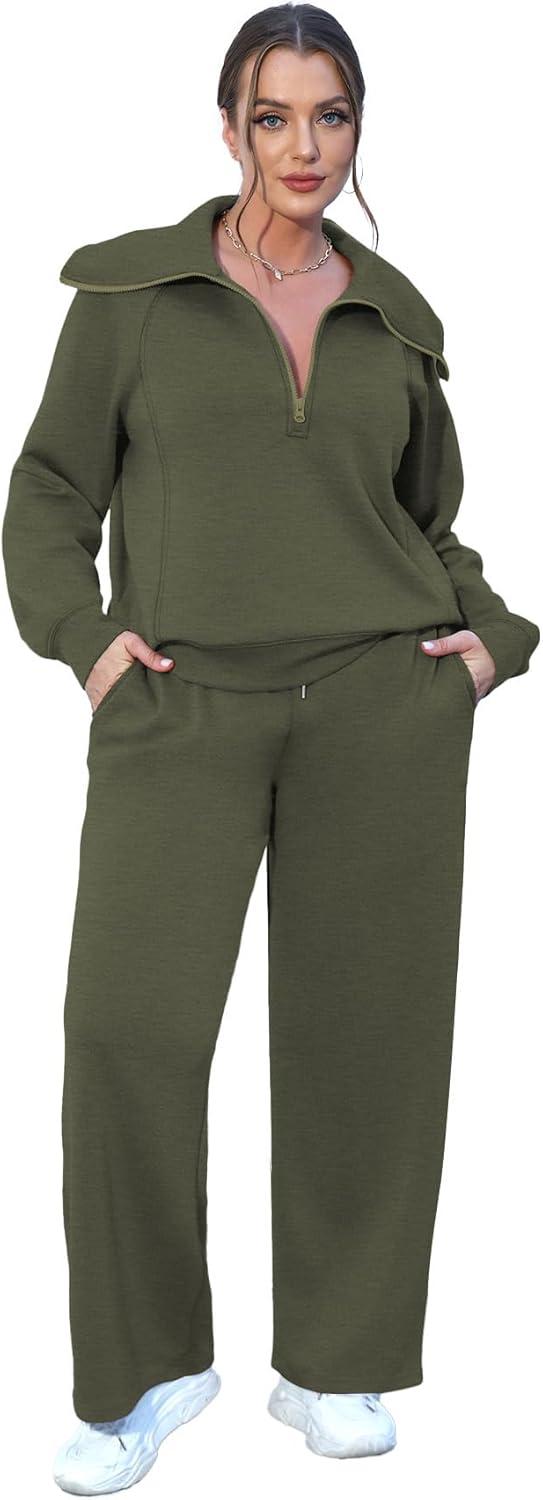 imageXIEERDUO Lounge Sets For Women 2025 Half Zip Sweatshirt And Wide Leg Sweatpant 2 Piece Outfits Sweatsuit Tracksuit07dark Green