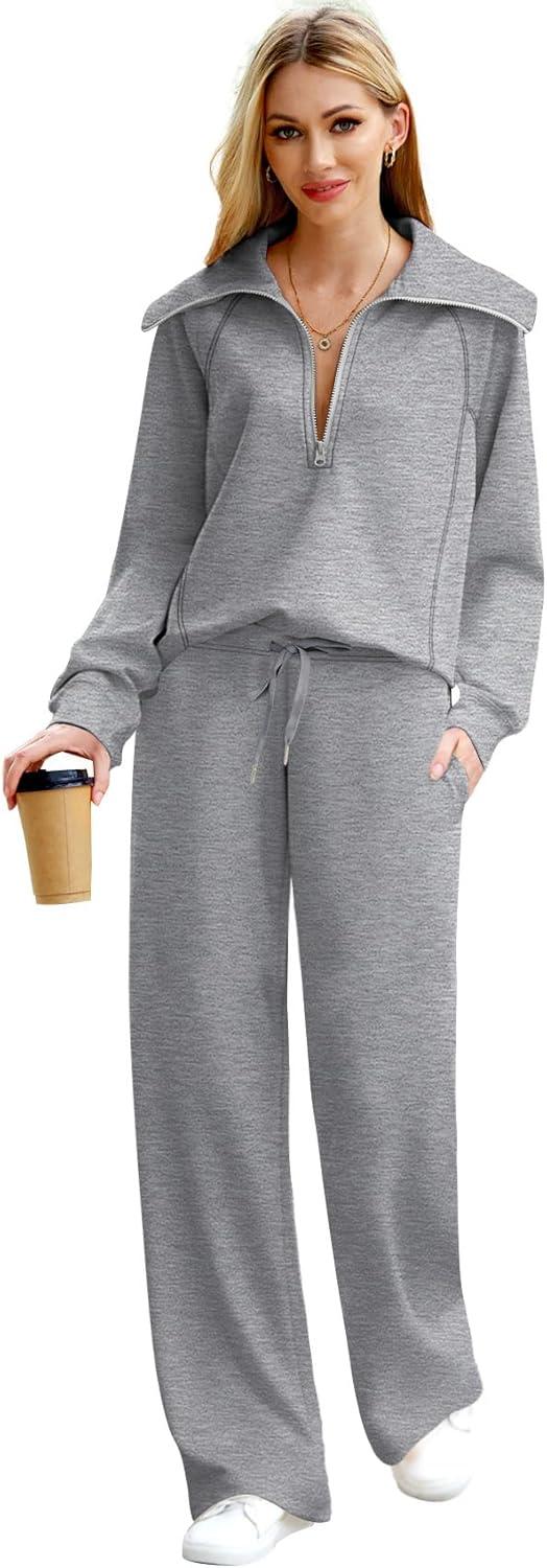 imageXIEERDUO Lounge Sets For Women 2025 Half Zip Sweatshirt And Wide Leg Sweatpant 2 Piece Outfits Sweatsuit Tracksuit08dark Grey