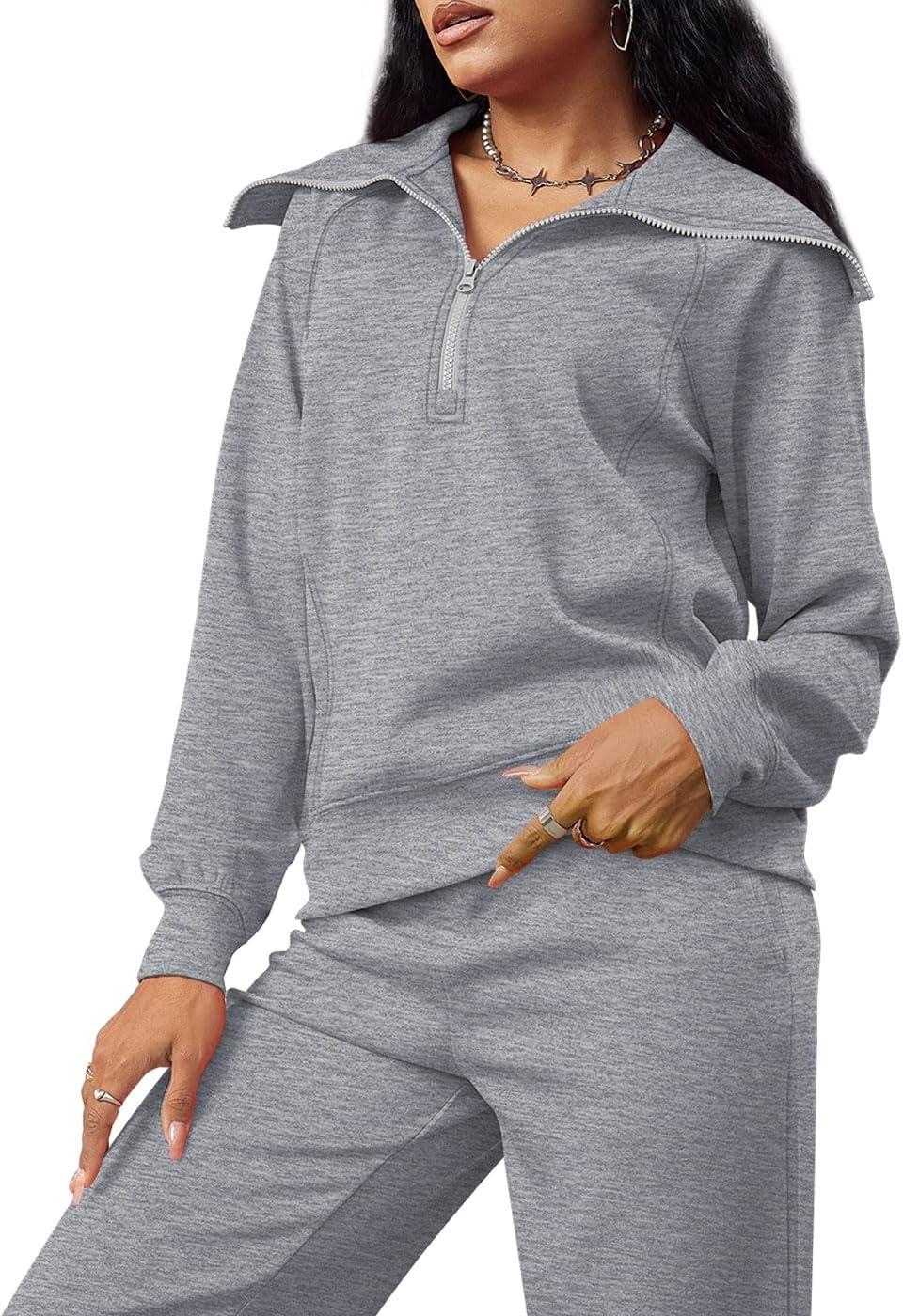 imageXIEERDUO Lounge Sets For Women 2025 Half Zip Sweatshirt And Wide Leg Sweatpant 2 Piece Outfits Sweatsuit Tracksuit08dark Grey