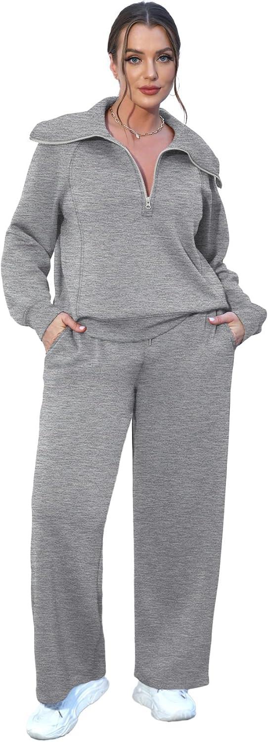imageXIEERDUO Lounge Sets For Women 2025 Half Zip Sweatshirt And Wide Leg Sweatpant 2 Piece Outfits Sweatsuit Tracksuit08dark Grey