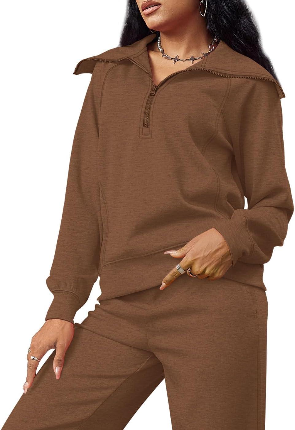imageXIEERDUO Lounge Sets For Women 2025 Half Zip Sweatshirt And Wide Leg Sweatpant 2 Piece Outfits Sweatsuit Tracksuit09brown