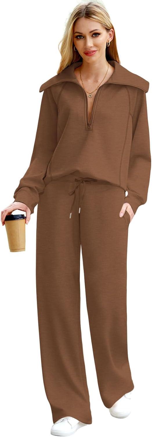 imageXIEERDUO Lounge Sets For Women 2025 Half Zip Sweatshirt And Wide Leg Sweatpant 2 Piece Outfits Sweatsuit Tracksuit09brown