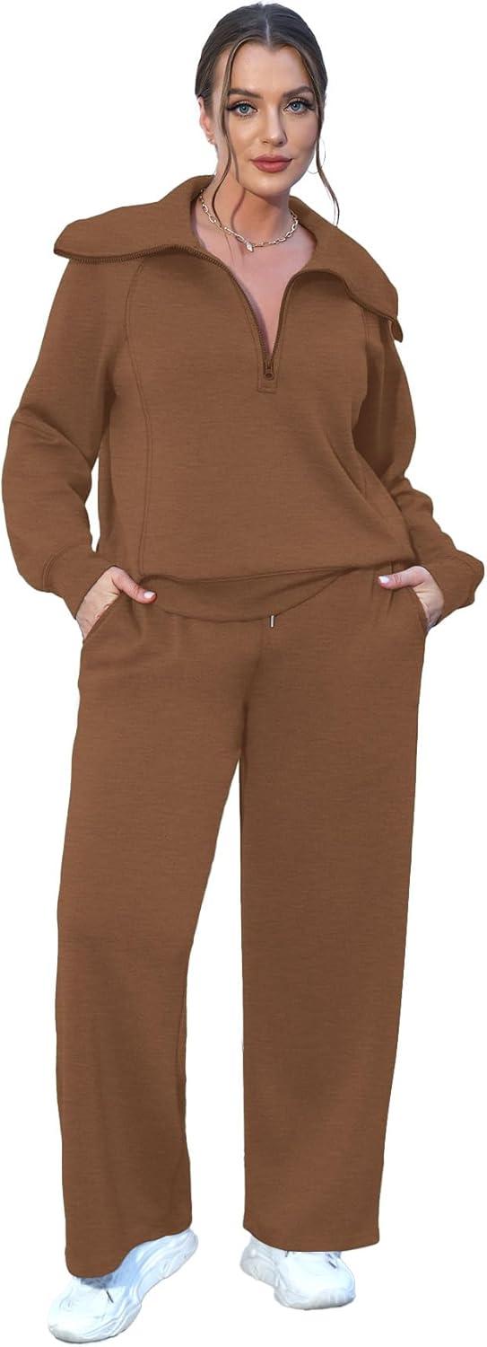 imageXIEERDUO Lounge Sets For Women 2025 Half Zip Sweatshirt And Wide Leg Sweatpant 2 Piece Outfits Sweatsuit Tracksuit09brown