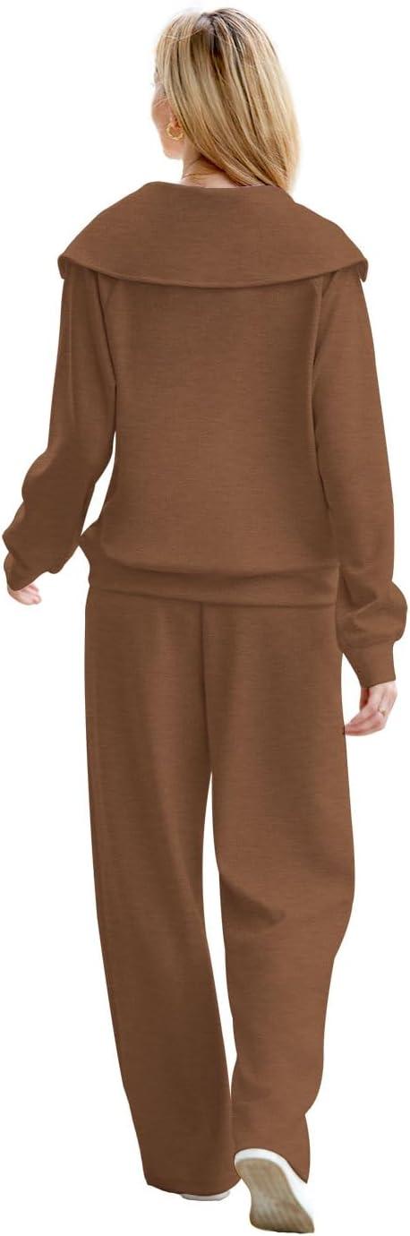 imageXIEERDUO Lounge Sets For Women 2025 Half Zip Sweatshirt And Wide Leg Sweatpant 2 Piece Outfits Sweatsuit Tracksuit09brown