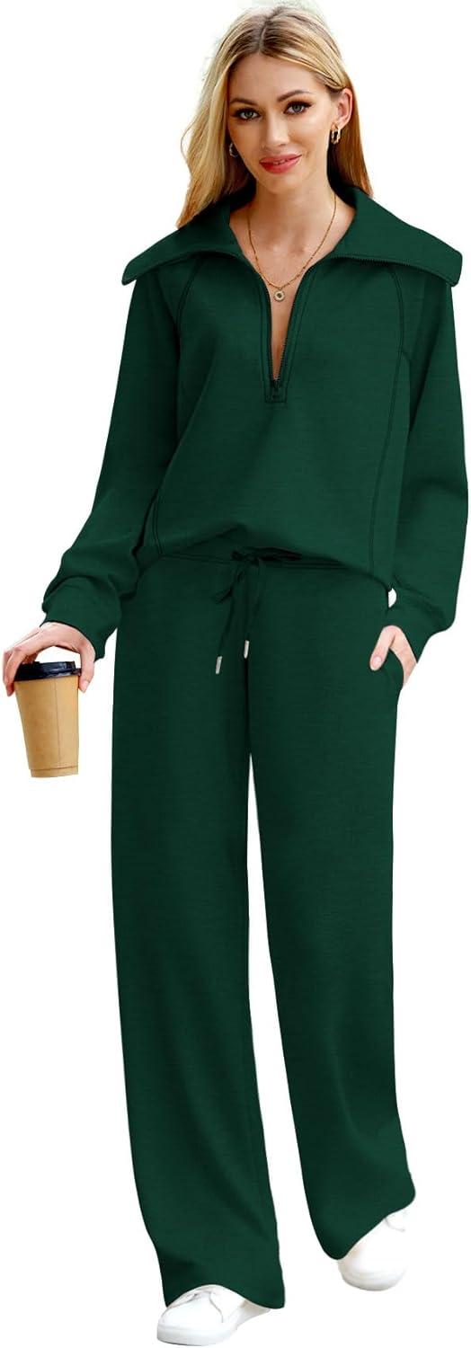imageXIEERDUO Lounge Sets For Women 2025 Half Zip Sweatshirt And Wide Leg Sweatpant 2 Piece Outfits Sweatsuit Tracksuit10deep Green