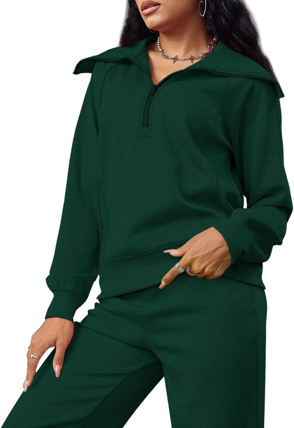 imageXIEERDUO Lounge Sets For Women 2025 Half Zip Sweatshirt And Wide Leg Sweatpant 2 Piece Outfits Sweatsuit Tracksuit10deep Green