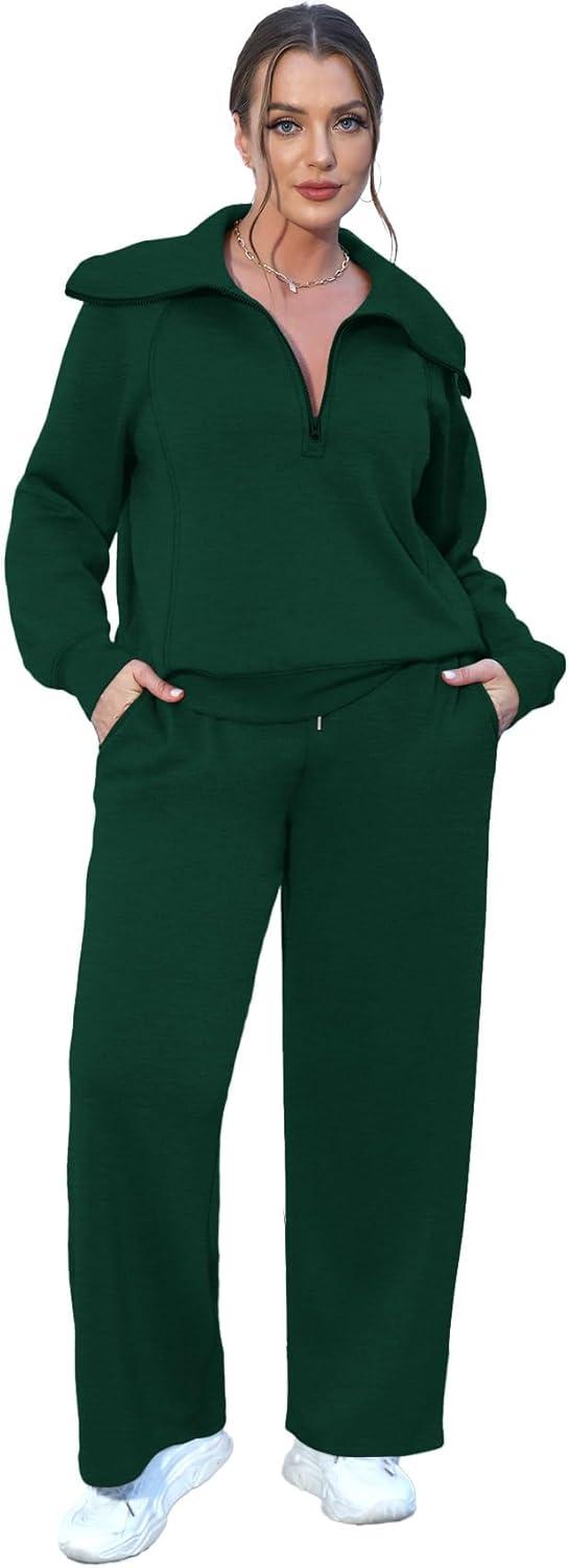 imageXIEERDUO Lounge Sets For Women 2025 Half Zip Sweatshirt And Wide Leg Sweatpant 2 Piece Outfits Sweatsuit Tracksuit10deep Green