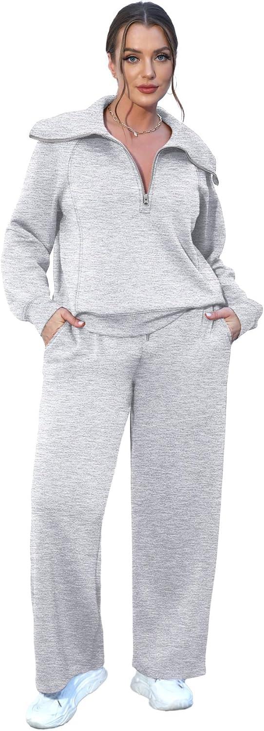 imageXIEERDUO Lounge Sets For Women 2025 Half Zip Sweatshirt And Wide Leg Sweatpant 2 Piece Outfits Sweatsuit Tracksuit11grey