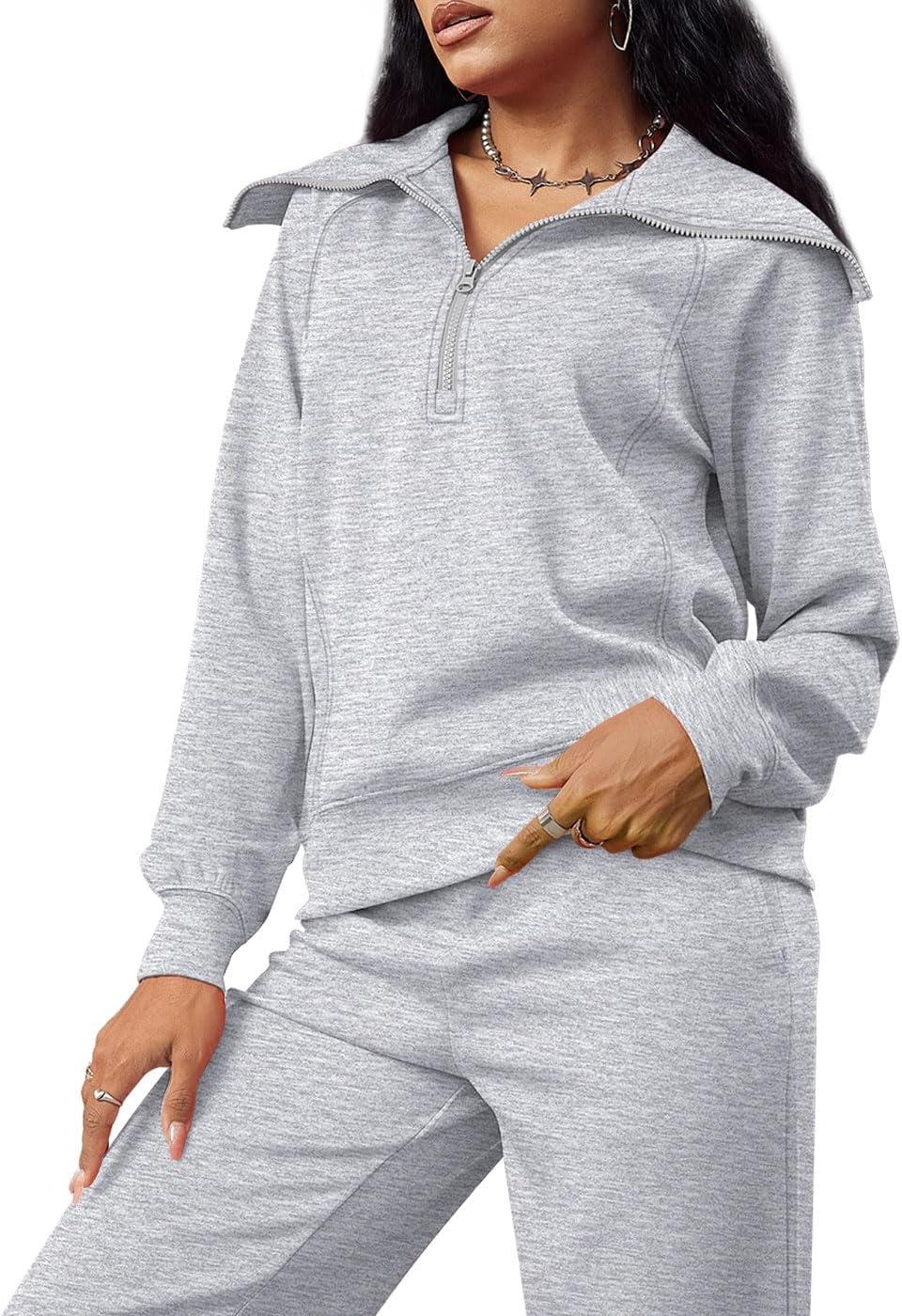 imageXIEERDUO Lounge Sets For Women 2025 Half Zip Sweatshirt And Wide Leg Sweatpant 2 Piece Outfits Sweatsuit Tracksuit11grey