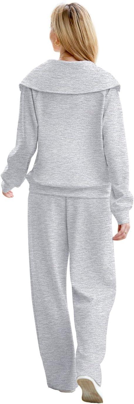 imageXIEERDUO Lounge Sets For Women 2025 Half Zip Sweatshirt And Wide Leg Sweatpant 2 Piece Outfits Sweatsuit Tracksuit11grey