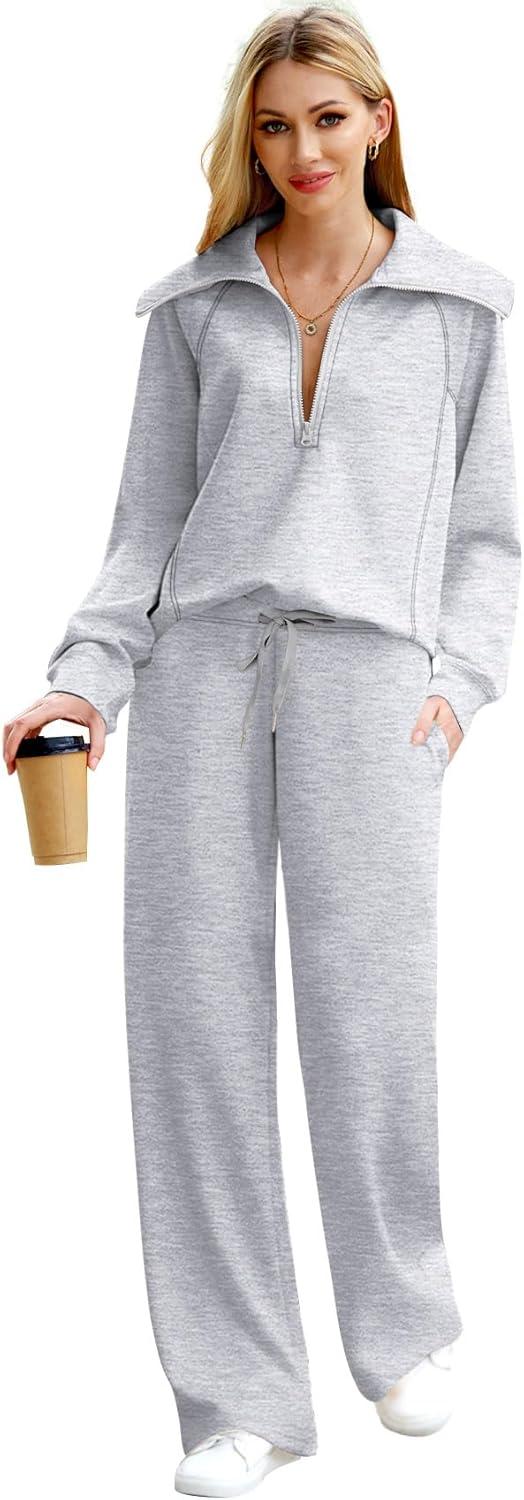 imageXIEERDUO Lounge Sets For Women 2025 Half Zip Sweatshirt And Wide Leg Sweatpant 2 Piece Outfits Sweatsuit Tracksuit11grey