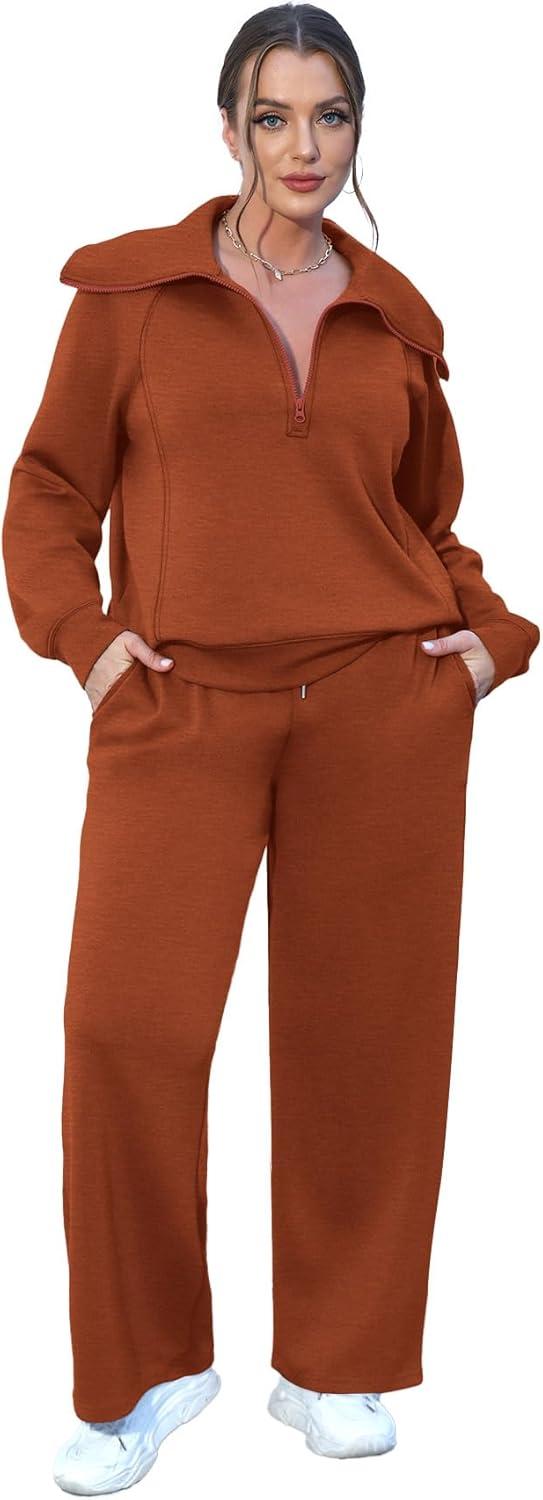 imageXIEERDUO Lounge Sets For Women 2025 Half Zip Sweatshirt And Wide Leg Sweatpant 2 Piece Outfits Sweatsuit Tracksuit12caramel