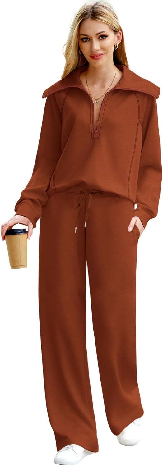 imageXIEERDUO Lounge Sets For Women 2025 Half Zip Sweatshirt And Wide Leg Sweatpant 2 Piece Outfits Sweatsuit Tracksuit12caramel