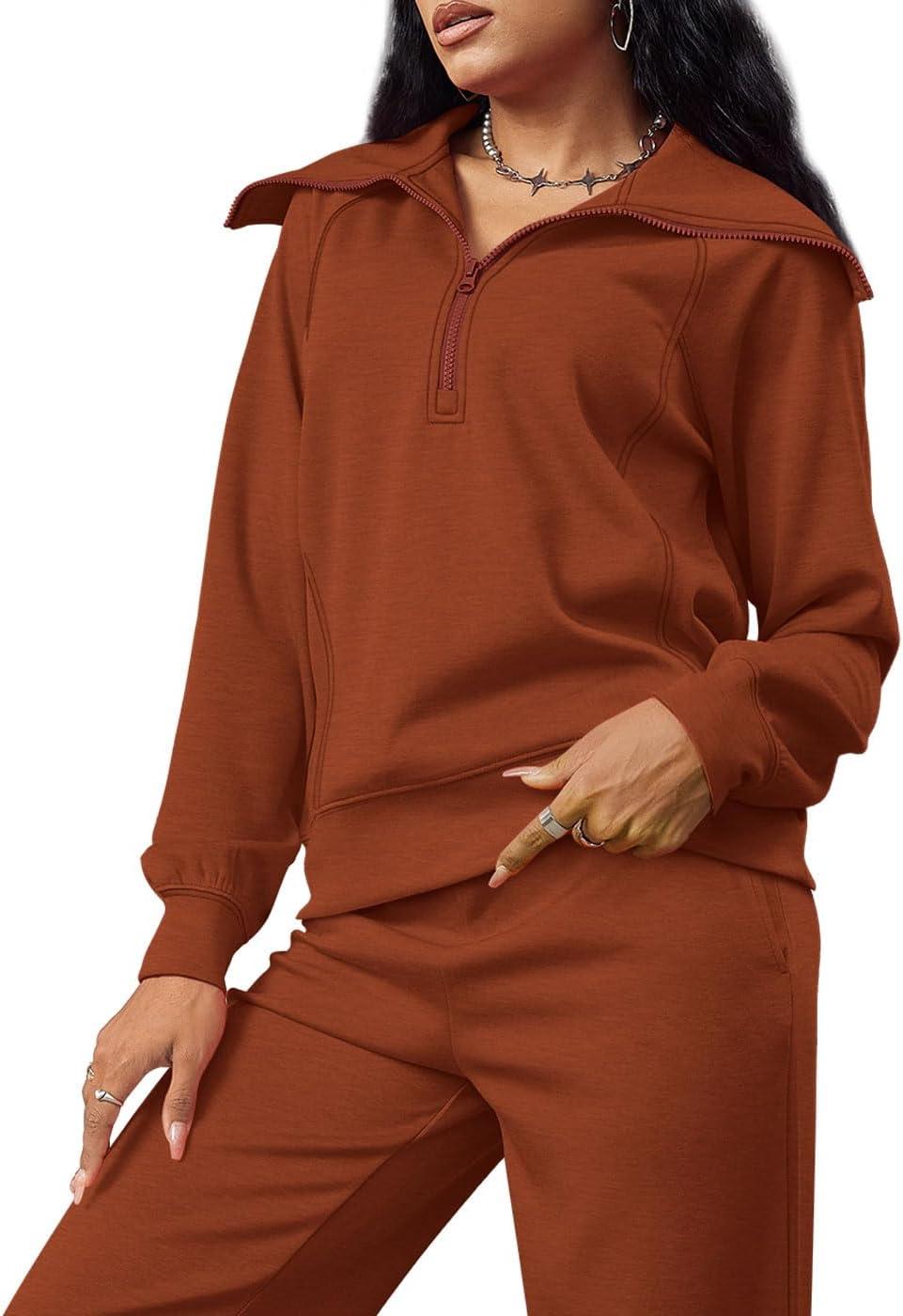 imageXIEERDUO Lounge Sets For Women 2025 Half Zip Sweatshirt And Wide Leg Sweatpant 2 Piece Outfits Sweatsuit Tracksuit12caramel