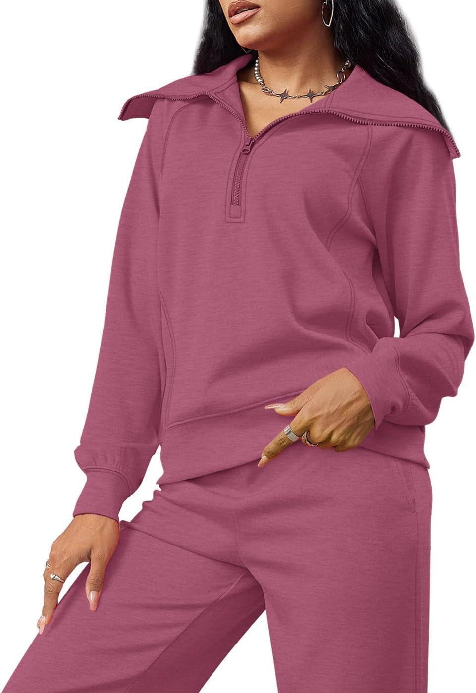 imageXIEERDUO Lounge Sets For Women 2025 Half Zip Sweatshirt And Wide Leg Sweatpant 2 Piece Outfits Sweatsuit Tracksuit13carmine