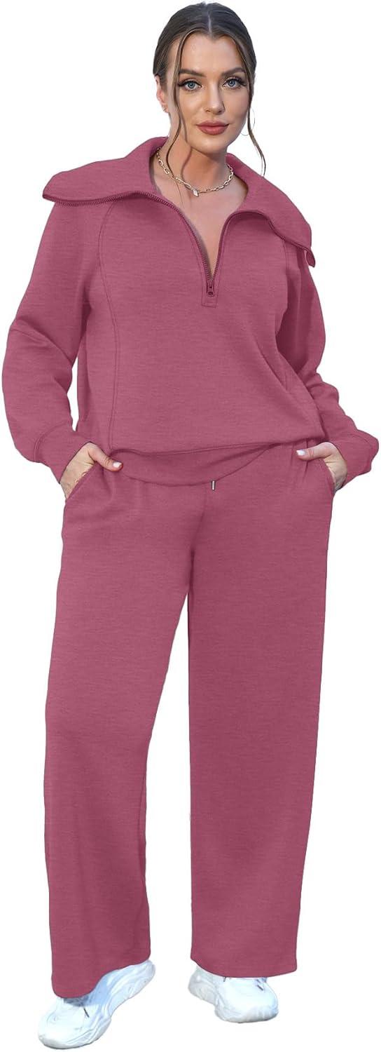 imageXIEERDUO Lounge Sets For Women 2025 Half Zip Sweatshirt And Wide Leg Sweatpant 2 Piece Outfits Sweatsuit Tracksuit13carmine
