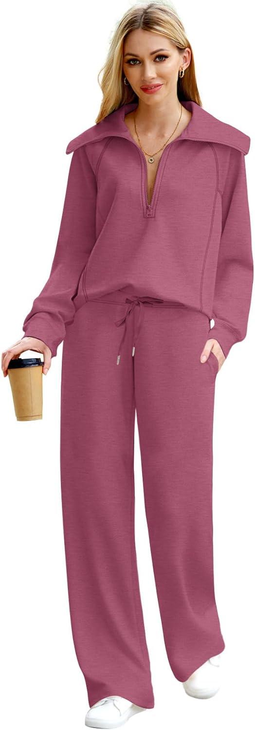 imageXIEERDUO Lounge Sets For Women 2025 Half Zip Sweatshirt And Wide Leg Sweatpant 2 Piece Outfits Sweatsuit Tracksuit13carmine