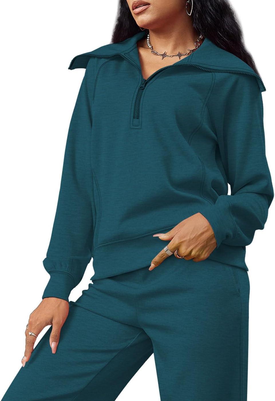 imageXIEERDUO Lounge Sets For Women 2025 Half Zip Sweatshirt And Wide Leg Sweatpant 2 Piece Outfits Sweatsuit Tracksuit15teal