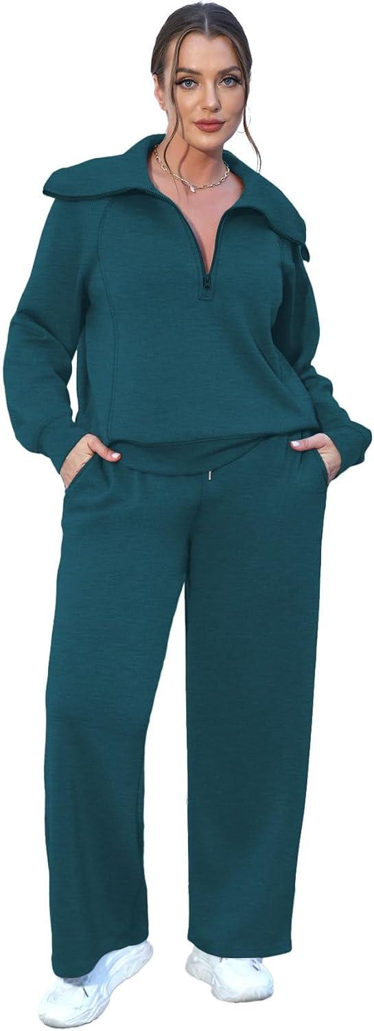 imageXIEERDUO Lounge Sets For Women 2025 Half Zip Sweatshirt And Wide Leg Sweatpant 2 Piece Outfits Sweatsuit Tracksuit15teal