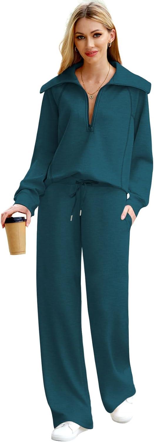 imageXIEERDUO Lounge Sets For Women 2025 Half Zip Sweatshirt And Wide Leg Sweatpant 2 Piece Outfits Sweatsuit Tracksuit15teal