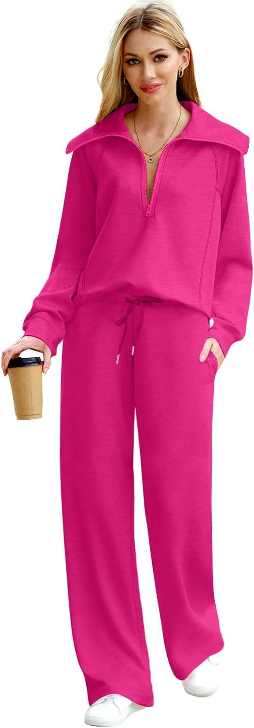 imageXIEERDUO Lounge Sets For Women 2025 Half Zip Sweatshirt And Wide Leg Sweatpant 2 Piece Outfits Sweatsuit Tracksuit17pink