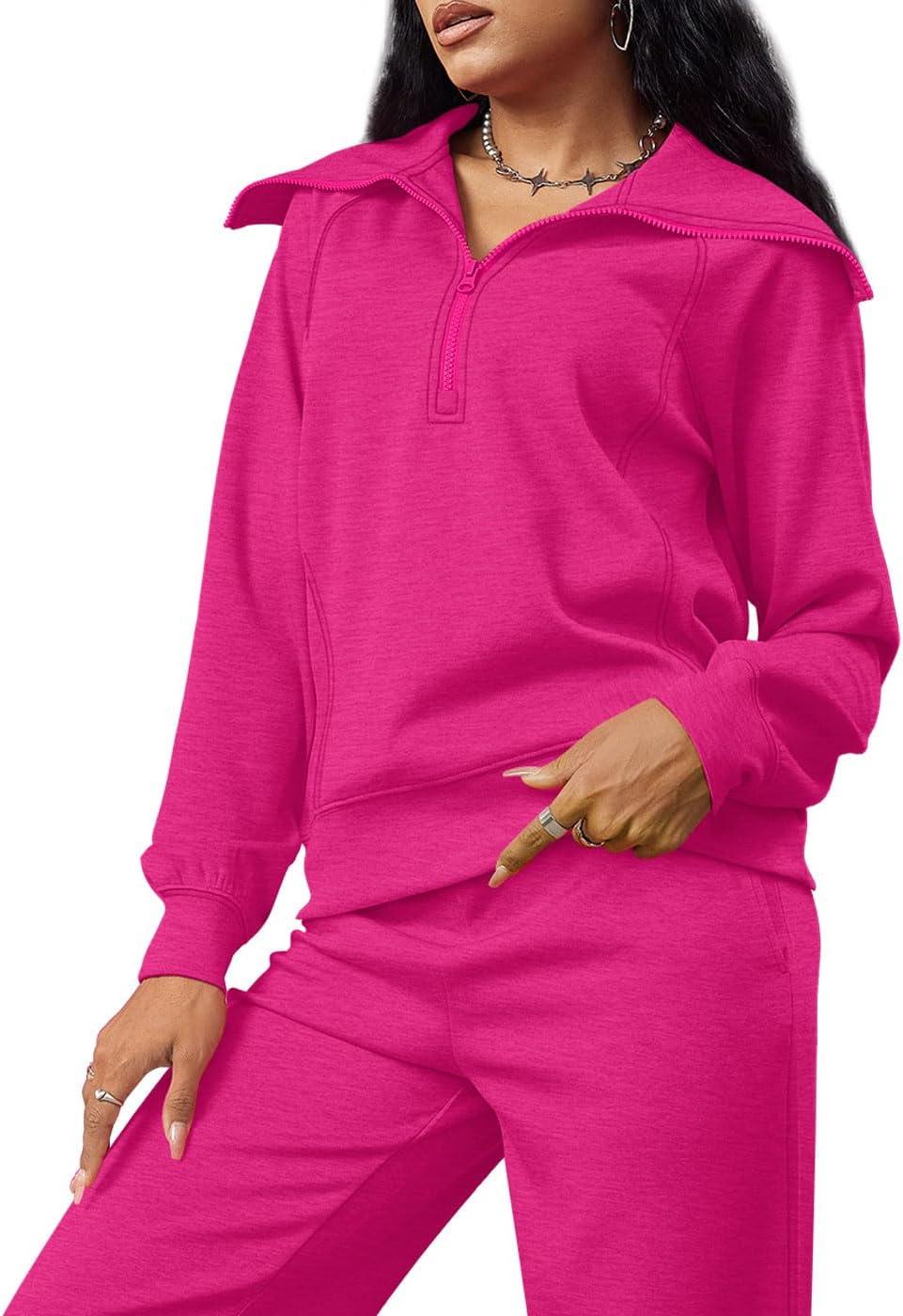 imageXIEERDUO Lounge Sets For Women 2025 Half Zip Sweatshirt And Wide Leg Sweatpant 2 Piece Outfits Sweatsuit Tracksuit17pink