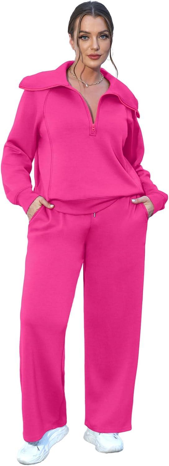 imageXIEERDUO Lounge Sets For Women 2025 Half Zip Sweatshirt And Wide Leg Sweatpant 2 Piece Outfits Sweatsuit Tracksuit17pink