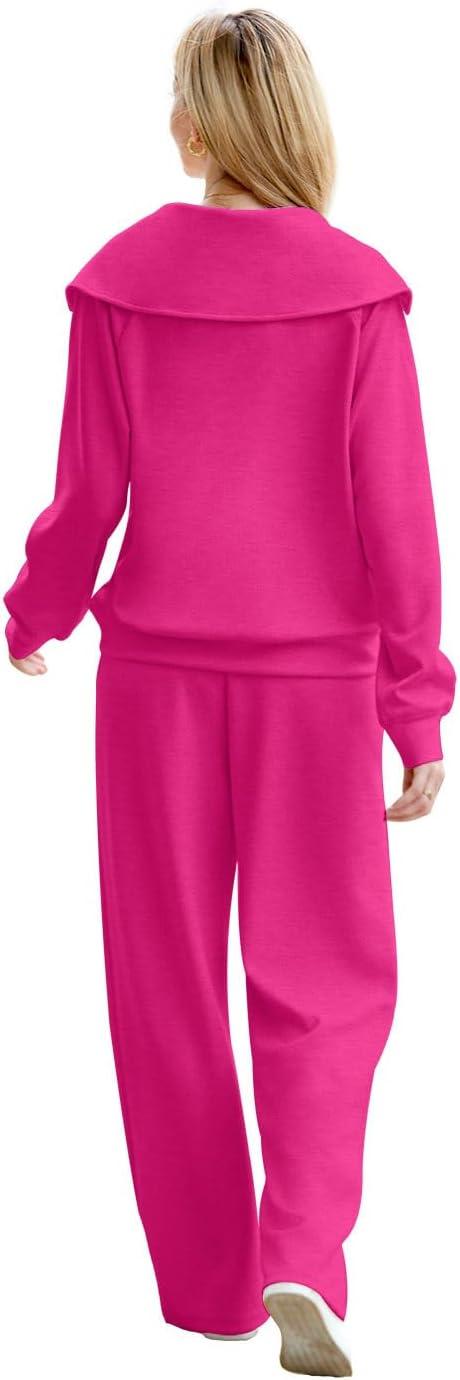 imageXIEERDUO Lounge Sets For Women 2025 Half Zip Sweatshirt And Wide Leg Sweatpant 2 Piece Outfits Sweatsuit Tracksuit17pink