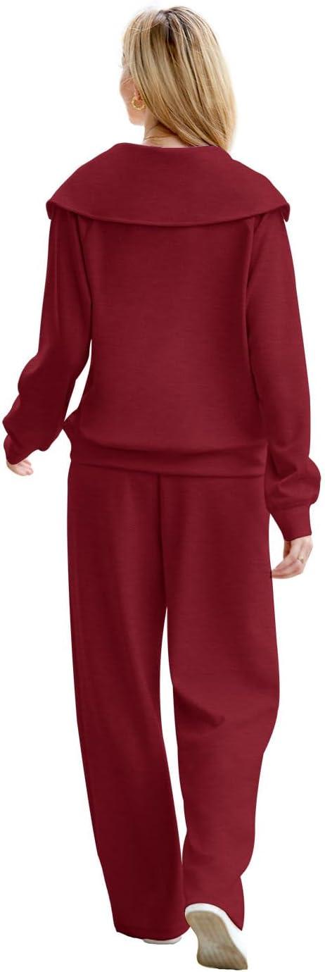 imageXIEERDUO Lounge Sets For Women 2025 Half Zip Sweatshirt And Wide Leg Sweatpant 2 Piece Outfits Sweatsuit Tracksuit18wine Red