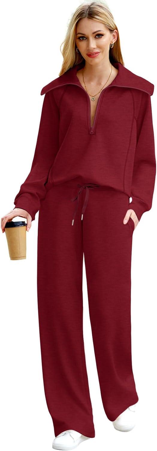 imageXIEERDUO Lounge Sets For Women 2025 Half Zip Sweatshirt And Wide Leg Sweatpant 2 Piece Outfits Sweatsuit Tracksuit18wine Red