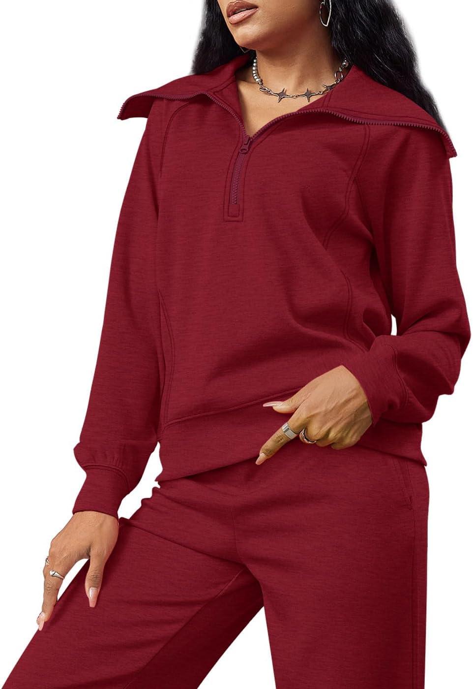 imageXIEERDUO Lounge Sets For Women 2025 Half Zip Sweatshirt And Wide Leg Sweatpant 2 Piece Outfits Sweatsuit Tracksuit18wine Red