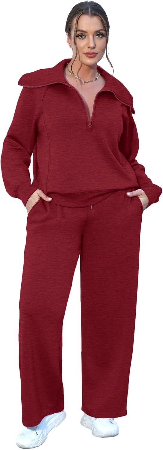 imageXIEERDUO Lounge Sets For Women 2025 Half Zip Sweatshirt And Wide Leg Sweatpant 2 Piece Outfits Sweatsuit Tracksuit18wine Red