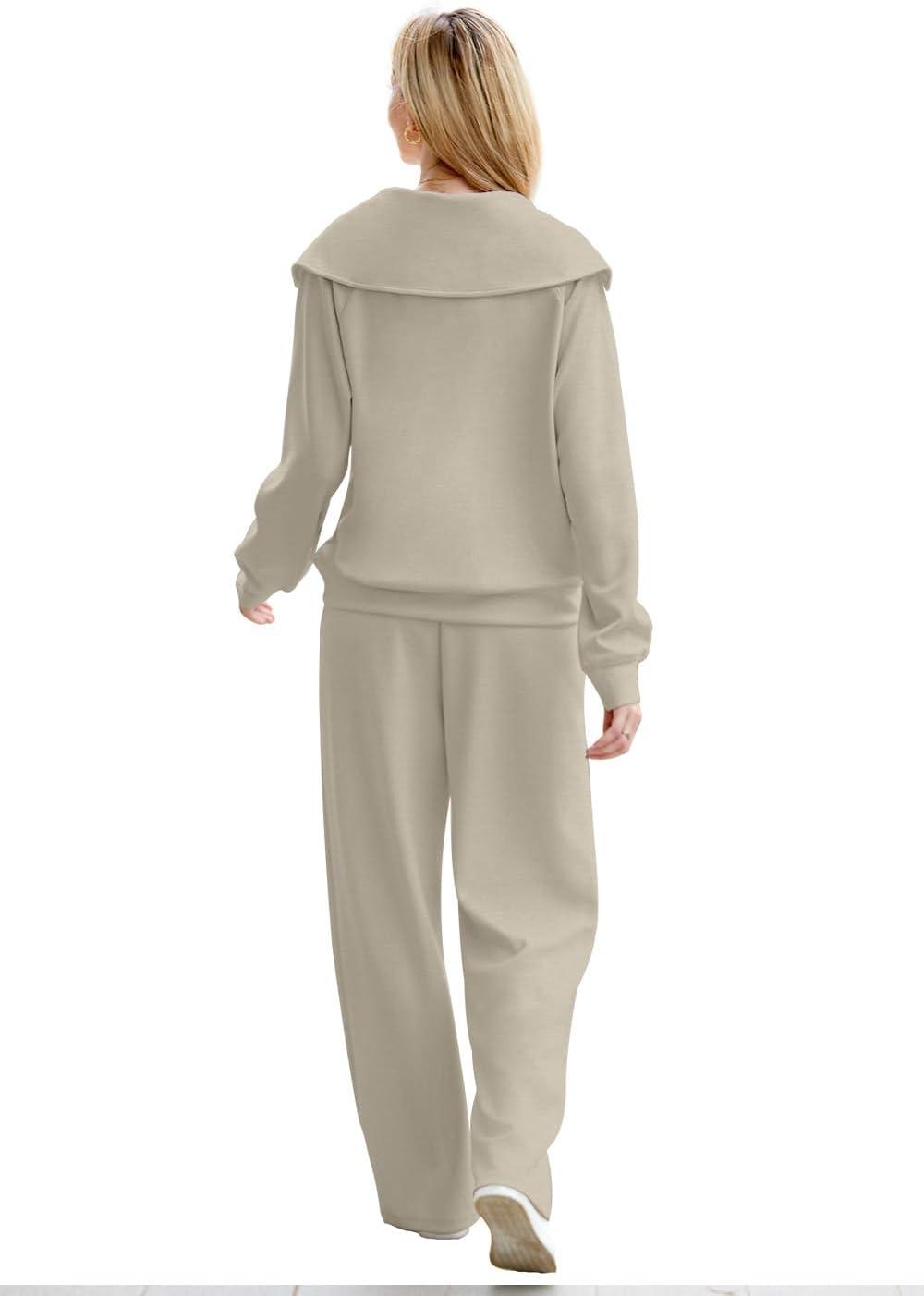 imageXIEERDUO Lounge Sets For Women 2025 Half Zip Sweatshirt And Wide Leg Sweatpant 2 Piece Outfits Sweatsuit Tracksuit19light Khaki