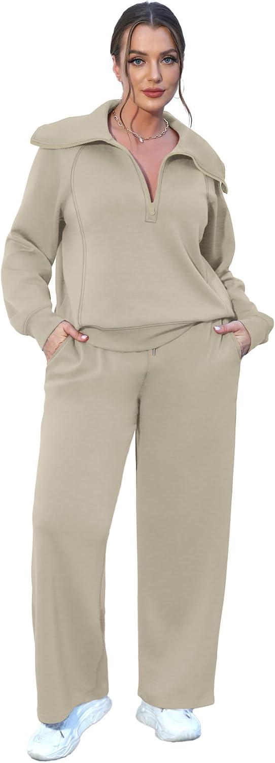 imageXIEERDUO Lounge Sets For Women 2025 Half Zip Sweatshirt And Wide Leg Sweatpant 2 Piece Outfits Sweatsuit Tracksuit19light Khaki