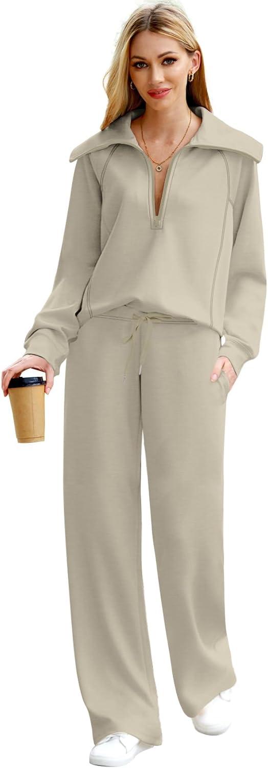 imageXIEERDUO Lounge Sets For Women 2025 Half Zip Sweatshirt And Wide Leg Sweatpant 2 Piece Outfits Sweatsuit Tracksuit19light Khaki