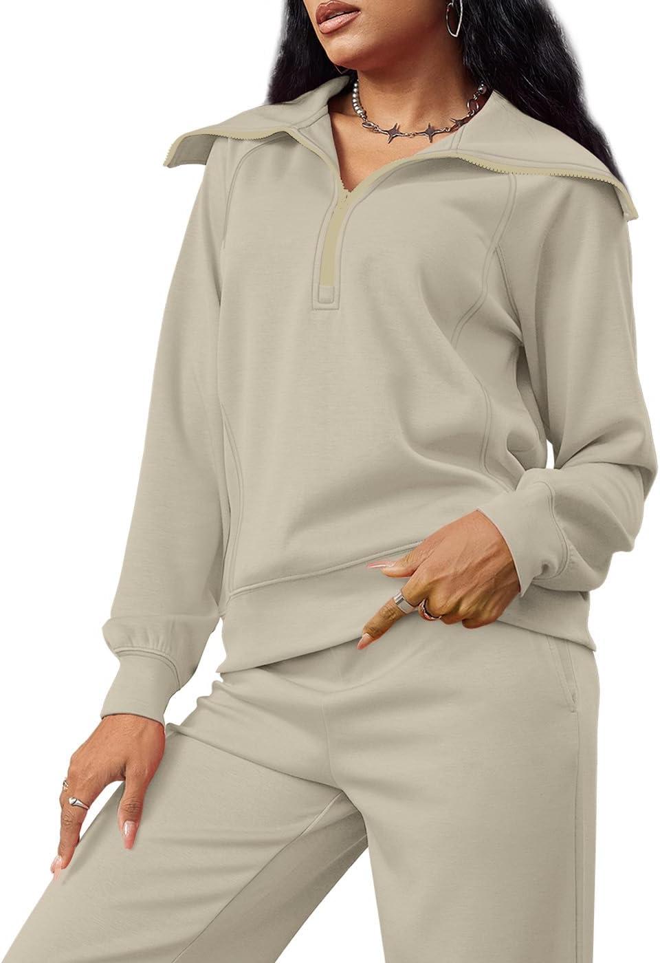 imageXIEERDUO Lounge Sets For Women 2025 Half Zip Sweatshirt And Wide Leg Sweatpant 2 Piece Outfits Sweatsuit Tracksuit19light Khaki