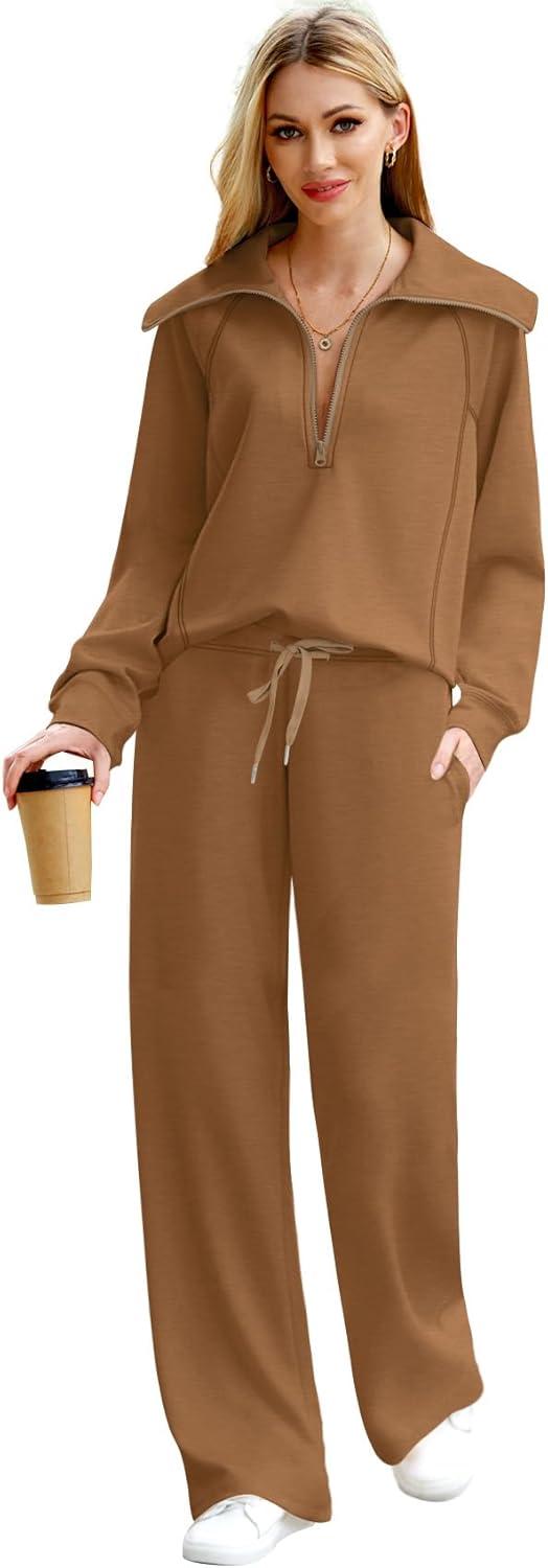 imageXIEERDUO Lounge Sets For Women 2025 Half Zip Sweatshirt And Wide Leg Sweatpant 2 Piece Outfits Sweatsuit Tracksuit20coffee