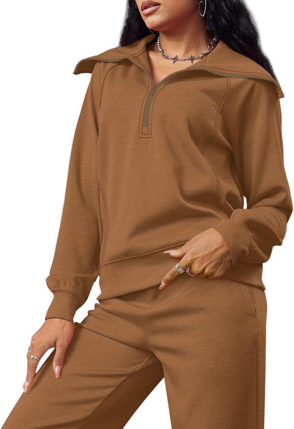 imageXIEERDUO Lounge Sets For Women 2025 Half Zip Sweatshirt And Wide Leg Sweatpant 2 Piece Outfits Sweatsuit Tracksuit20coffee