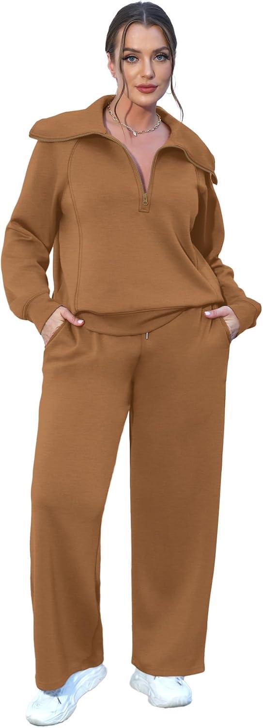 imageXIEERDUO Lounge Sets For Women 2025 Half Zip Sweatshirt And Wide Leg Sweatpant 2 Piece Outfits Sweatsuit Tracksuit20coffee