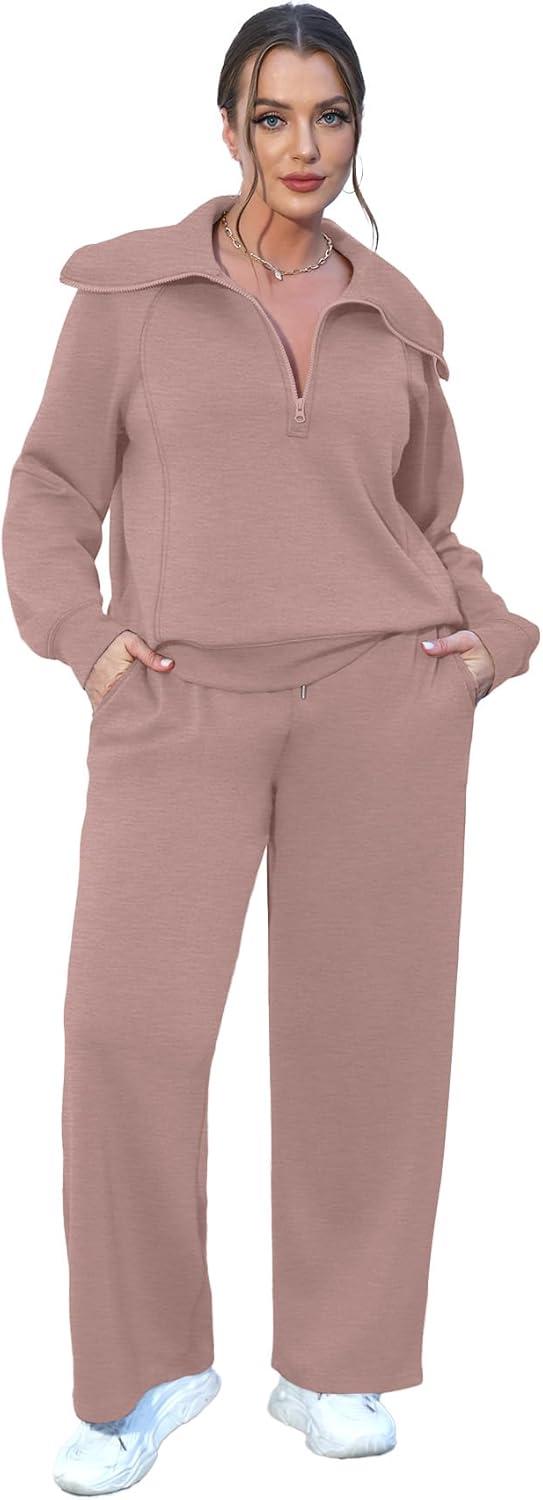 imageXIEERDUO Lounge Sets For Women 2025 Half Zip Sweatshirt And Wide Leg Sweatpant 2 Piece Outfits Sweatsuit Tracksuit22pink