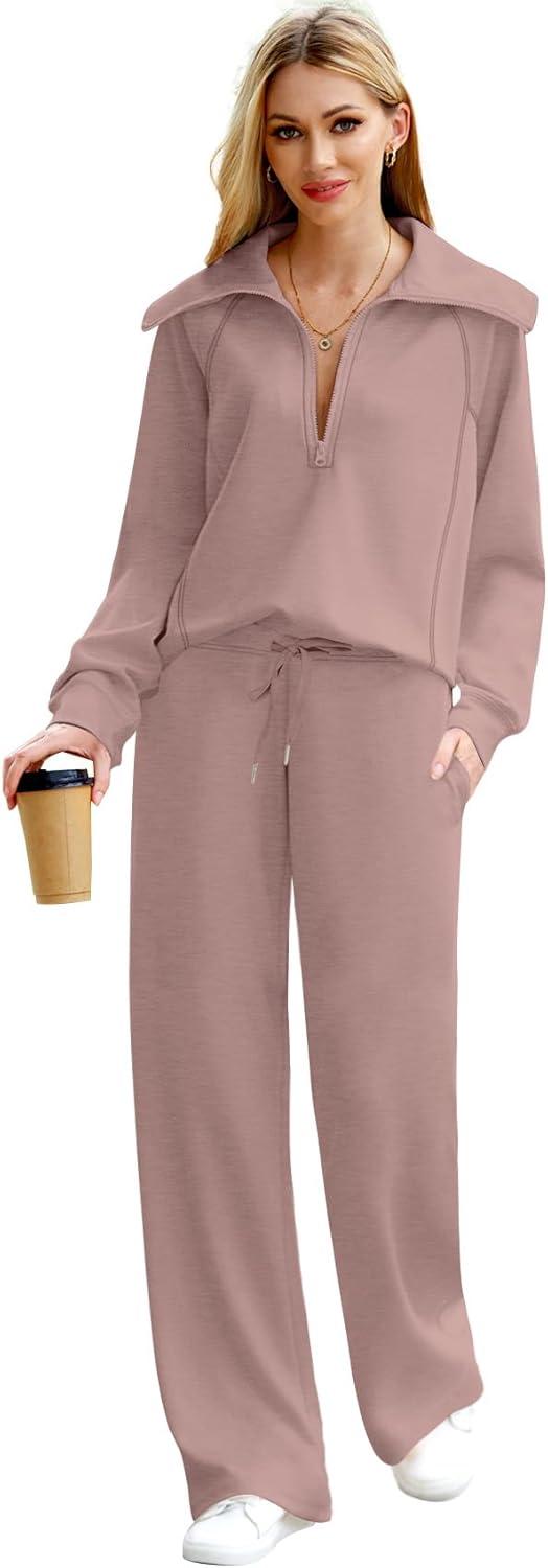 imageXIEERDUO Lounge Sets For Women 2025 Half Zip Sweatshirt And Wide Leg Sweatpant 2 Piece Outfits Sweatsuit Tracksuit22pink