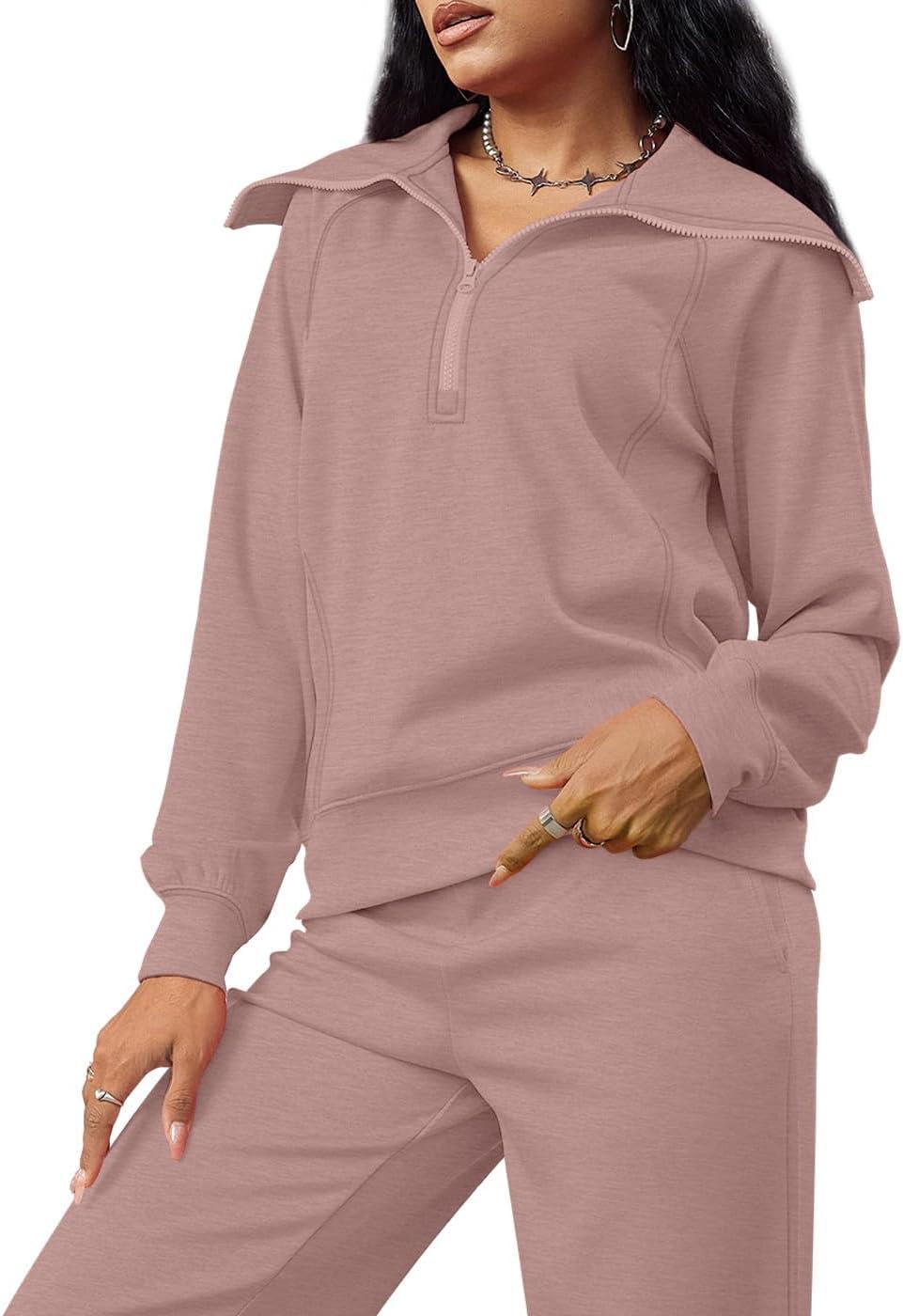 imageXIEERDUO Lounge Sets For Women 2025 Half Zip Sweatshirt And Wide Leg Sweatpant 2 Piece Outfits Sweatsuit Tracksuit22pink