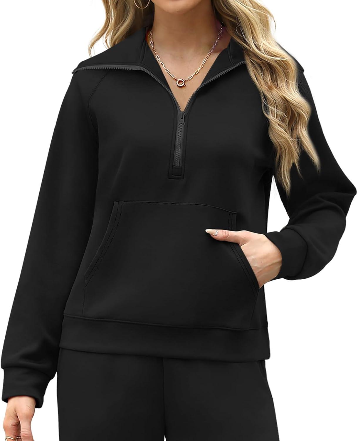 imageXIEERDUO Lounge Sets For Women 2025 Half Zip Sweatshirt And Wide Leg Sweatpant 2 Piece Outfits Sweatsuit TracksuitKangarooblack