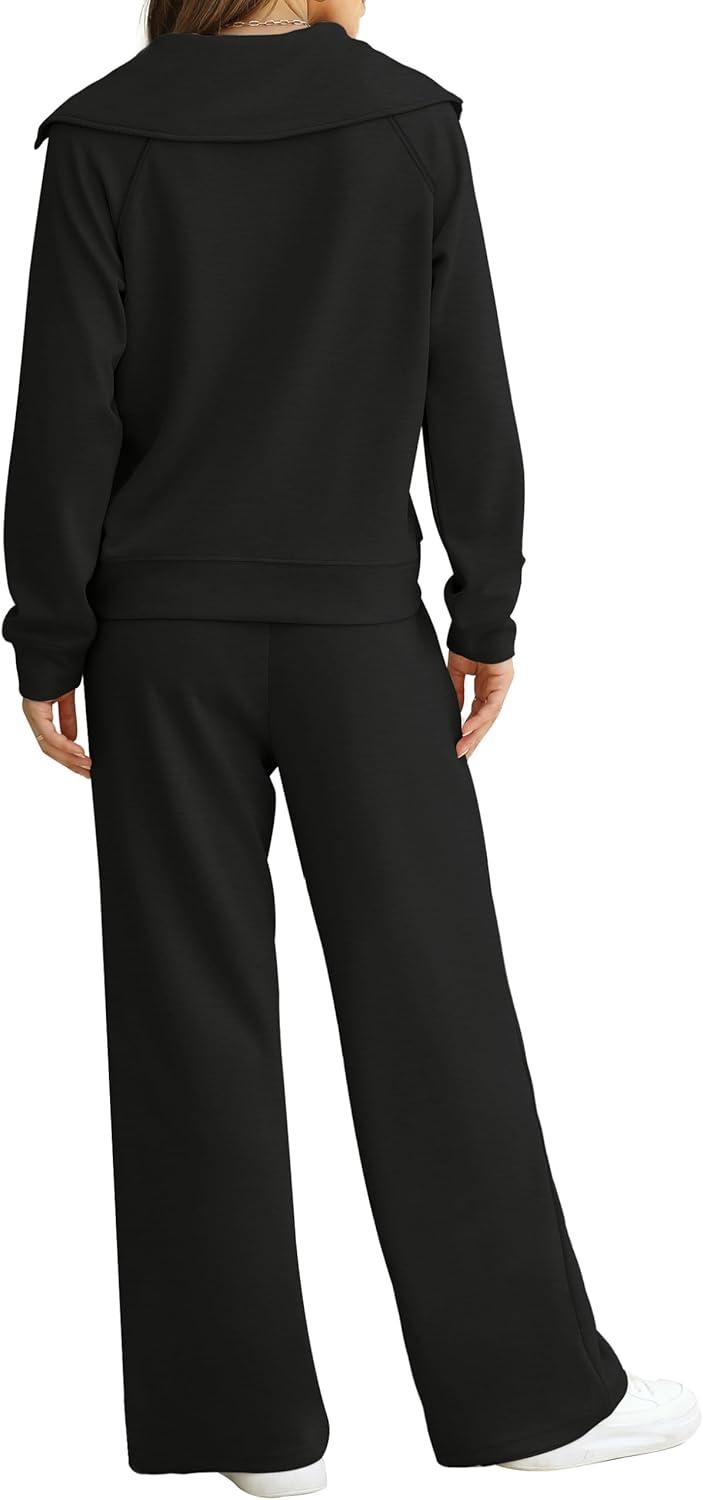 imageXIEERDUO Lounge Sets For Women 2025 Half Zip Sweatshirt And Wide Leg Sweatpant 2 Piece Outfits Sweatsuit TracksuitKangarooblack